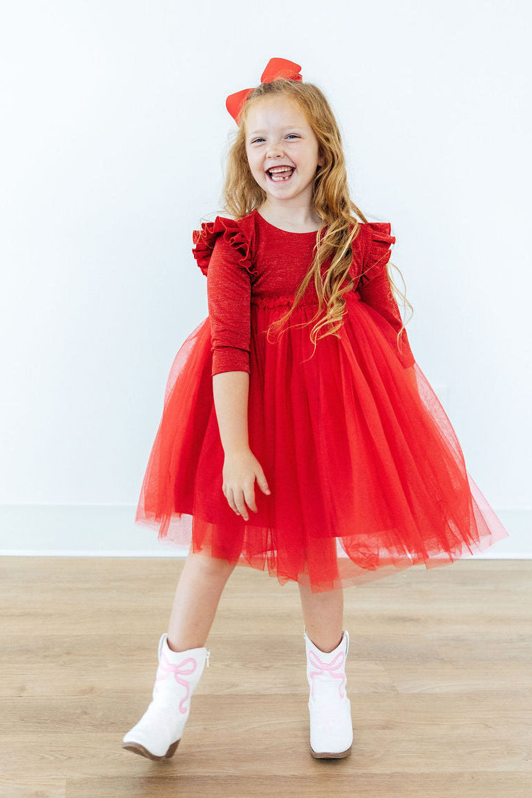 Red Shimmer 3/4 Sleeve Tutu Dress - Aaria Tees Aaria Tees