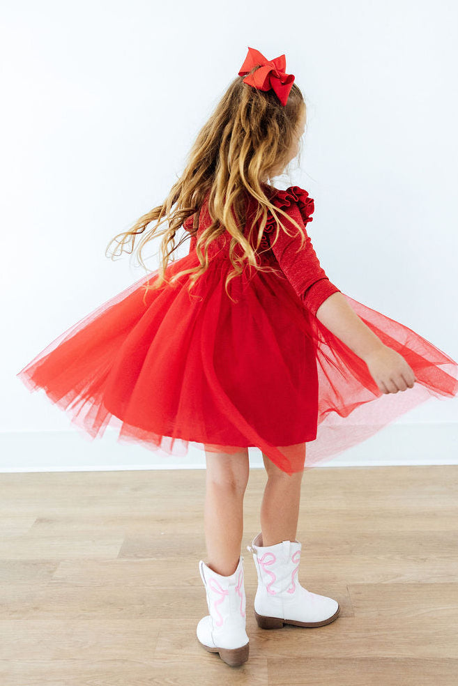 Red Shimmer 3/4 Sleeve Tutu Dress - Aaria Tees Aaria Tees