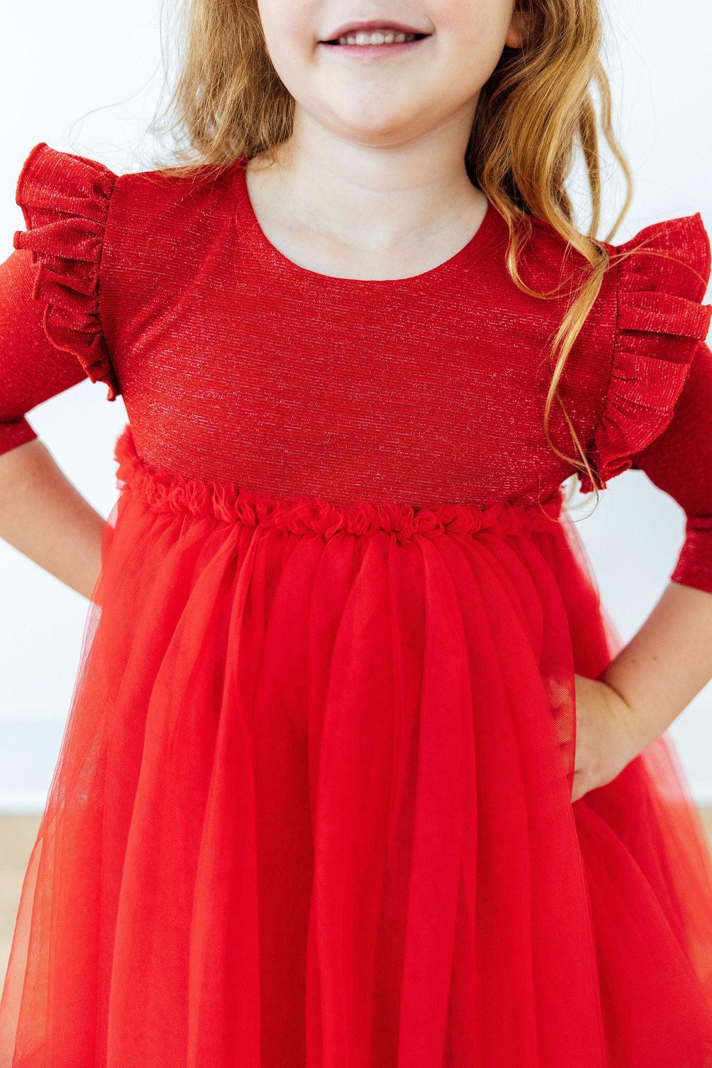 Red Shimmer 3/4 Sleeve Tutu Dress - Aaria Tees Aaria Tees