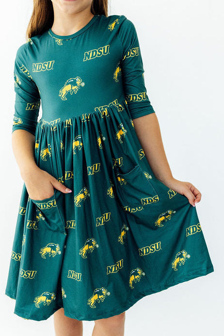 North Dakota State University Green Bison 3/4 Sleeve Pocket Twirl Dress - Aaria Tees