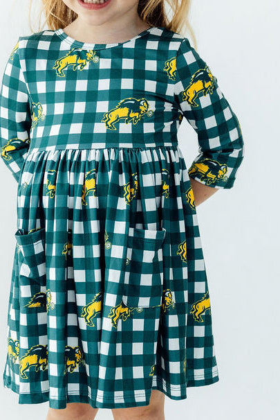 North Dakota State University Plaid Bison 3/4 Sleeve Pocket Twirl Dress - Aaria Tees Aaria Tees