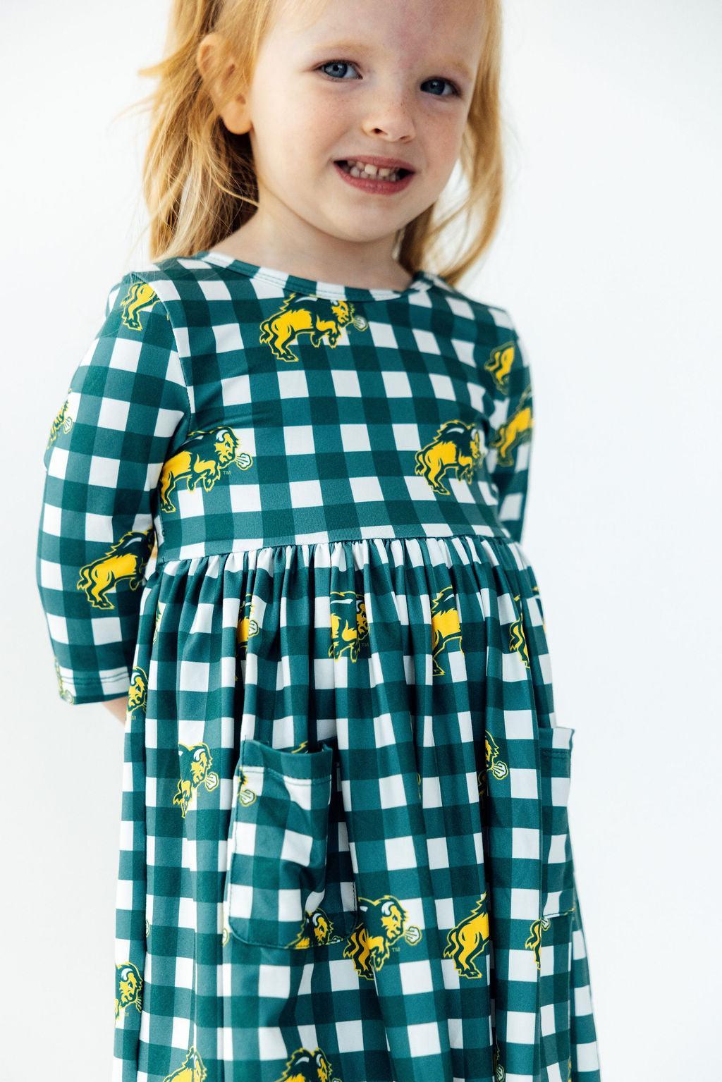 North Dakota State University Plaid Bison 3/4 Sleeve Pocket Twirl Dress - Aaria Tees Aaria Tees