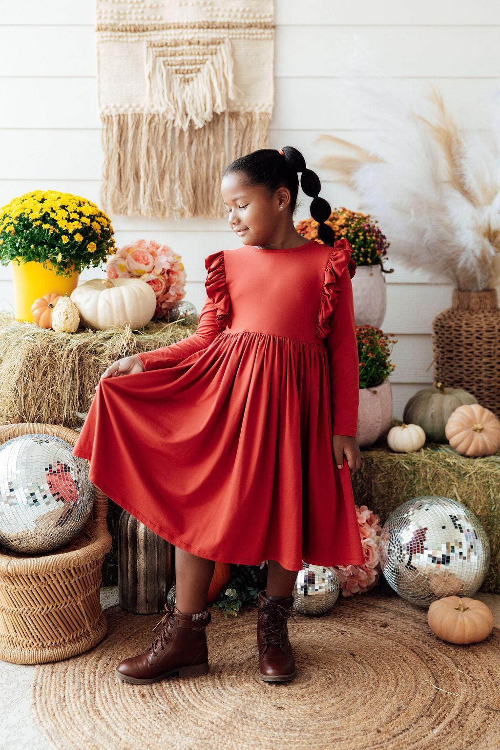 Pumpkin Spice L/S Ruffle Twirl Dress - Aaria Tees Aaria Tees