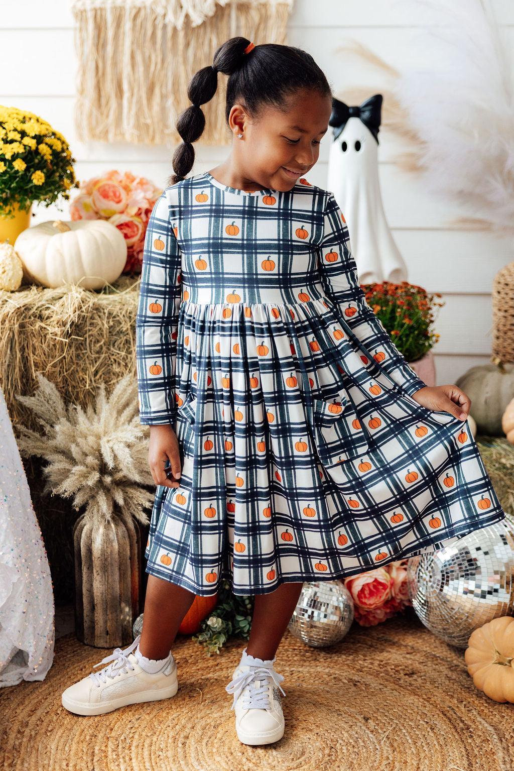 Plaid Pumpkins L/S Pocket Twirl Dress - Aaria Tees Aaria Tees