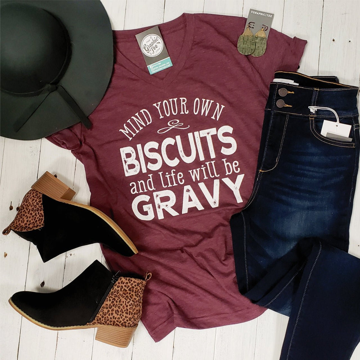 Mind Your Own Biscuits - V-Neck Tee - Aaria Tees