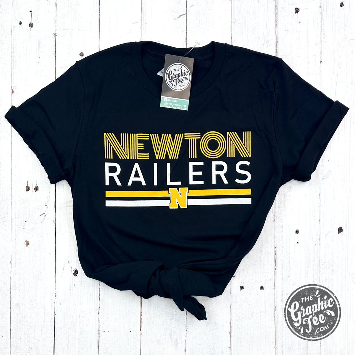 Newton Railers Multiline Print With N  Black ADULT Unisex Short Sleeve Tee - Aaria Tees
