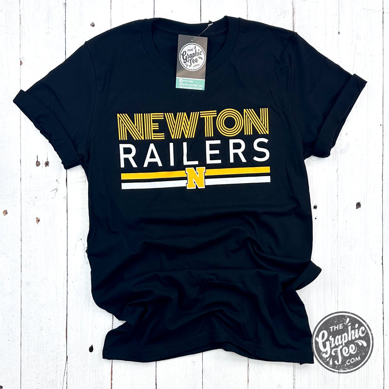 Newton Railers Multiline Print With N  Black ADULT Unisex Short Sleeve Tee - Aaria Tees Aaria Tees