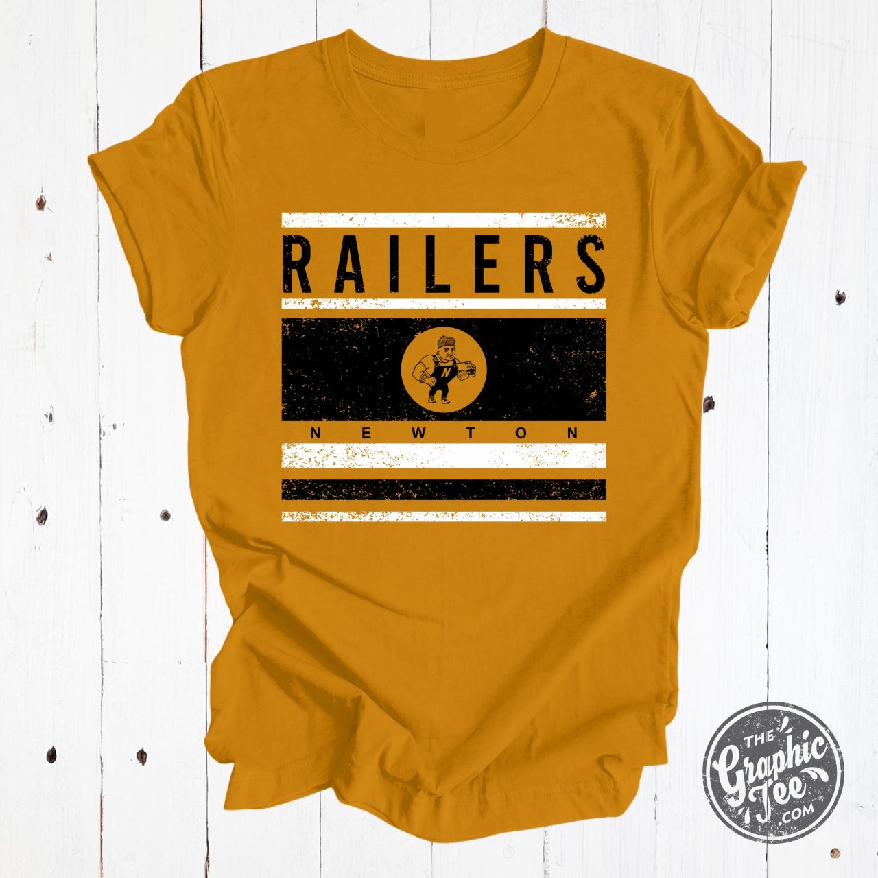 Newton Railers Stripes with Railerman YOUTH Antique Gold Short Sleeve Crewneck Tee - Aaria Tees Aaria Tees