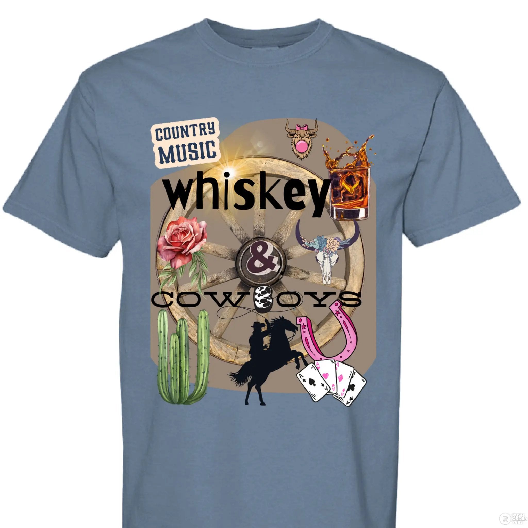 Country Music Whiskey and Cowboys Collage Design on Comfort Colors Unisex 1717 T Shirt - Aaria Tees Aaria Tees