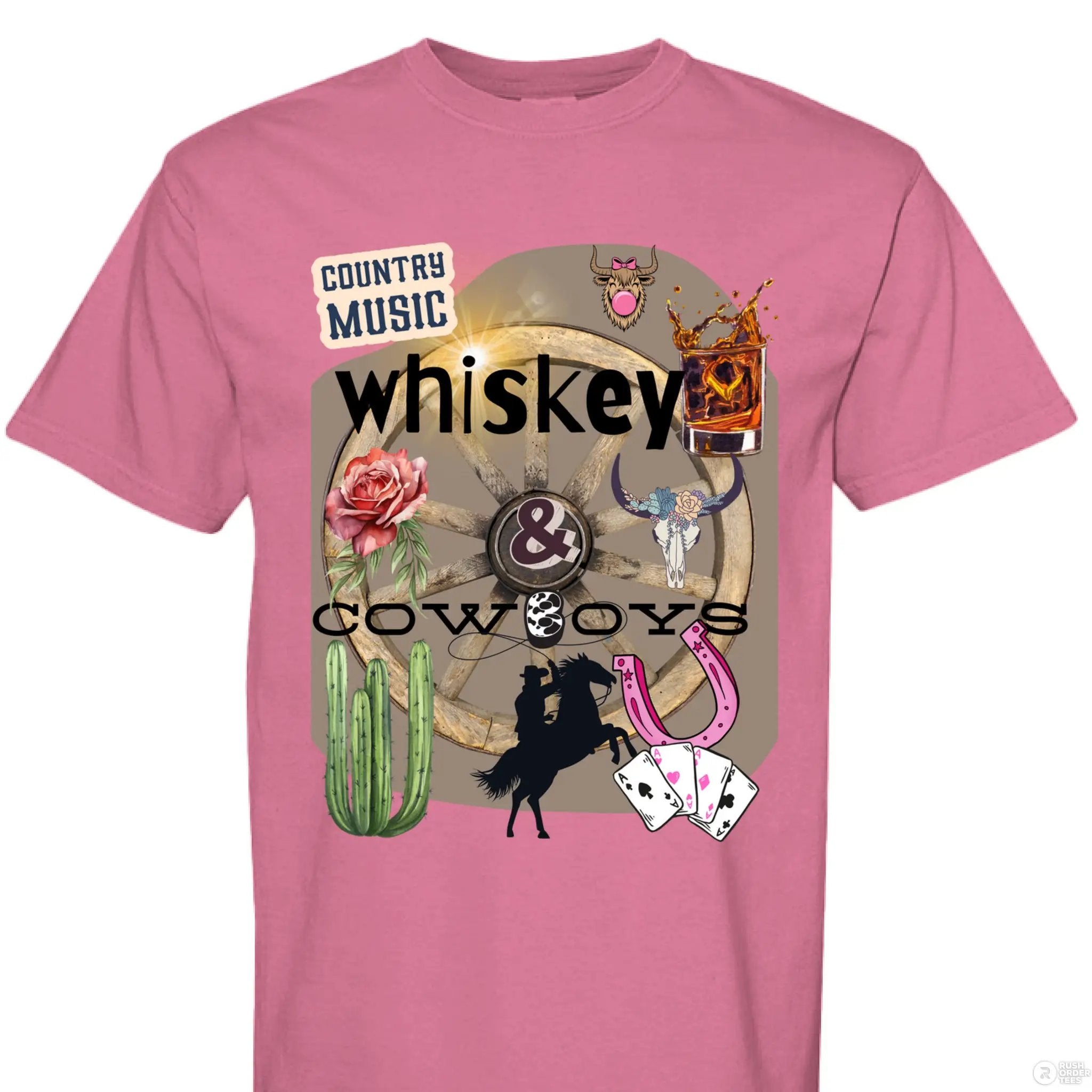 Country Music Whiskey and Cowboys Collage Design on Comfort Colors Unisex 1717 T Shirt - Aaria Tees Aaria Tees