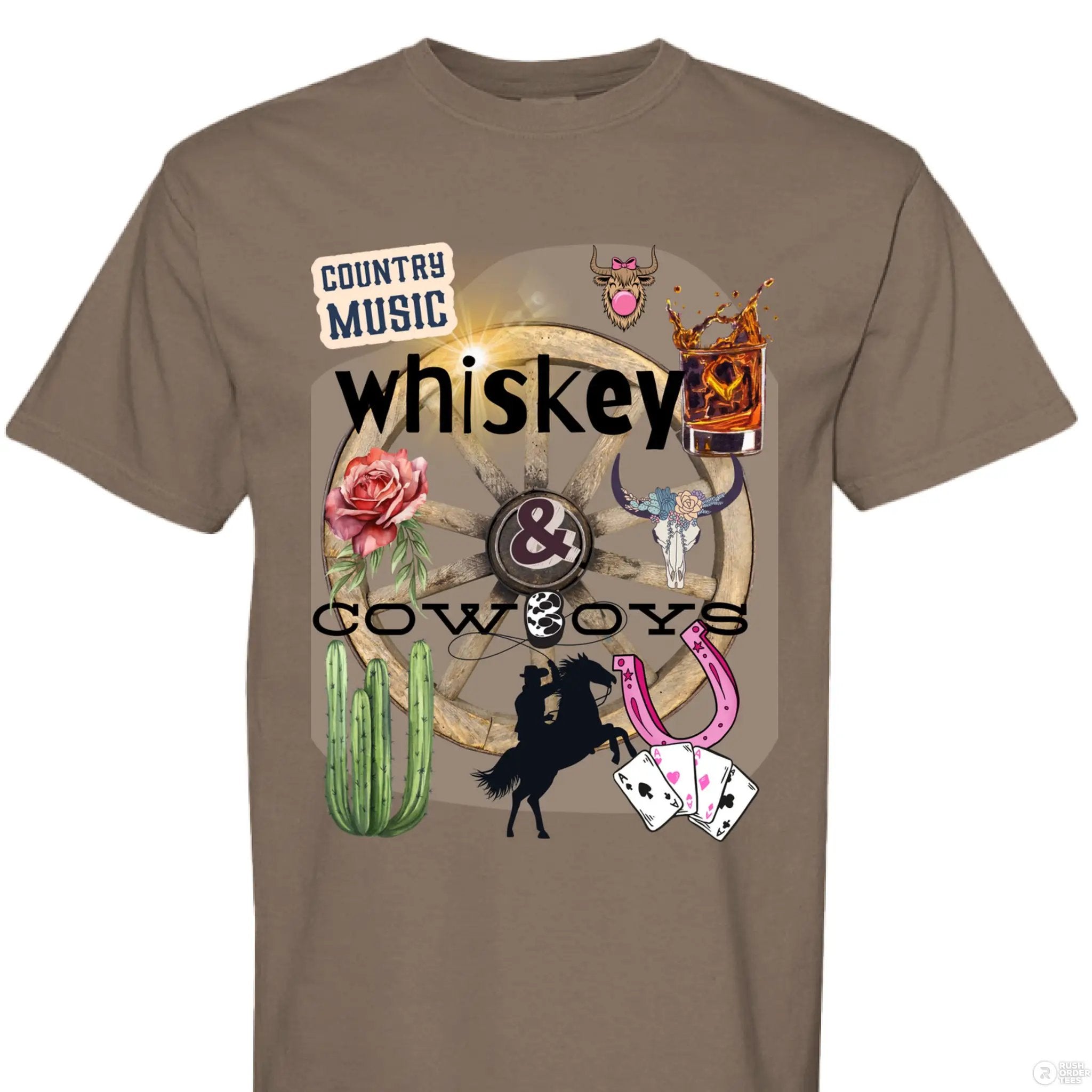 Country Music Whiskey and Cowboys Collage Design on Comfort Colors Unisex 1717 T Shirt - Aaria Tees Aaria Tees