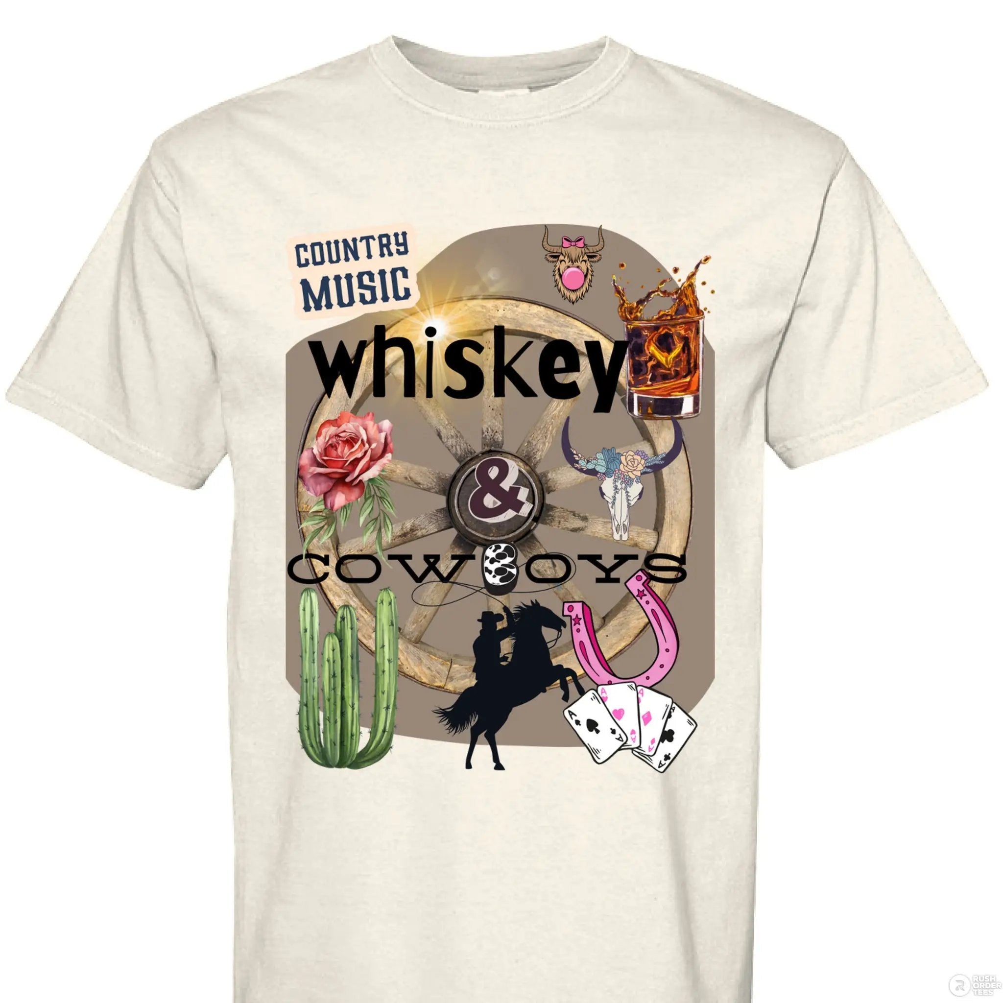 Country Music Whiskey and Cowboys Collage Design on Comfort Colors Unisex 1717 T Shirt - Aaria Tees Aaria Tees