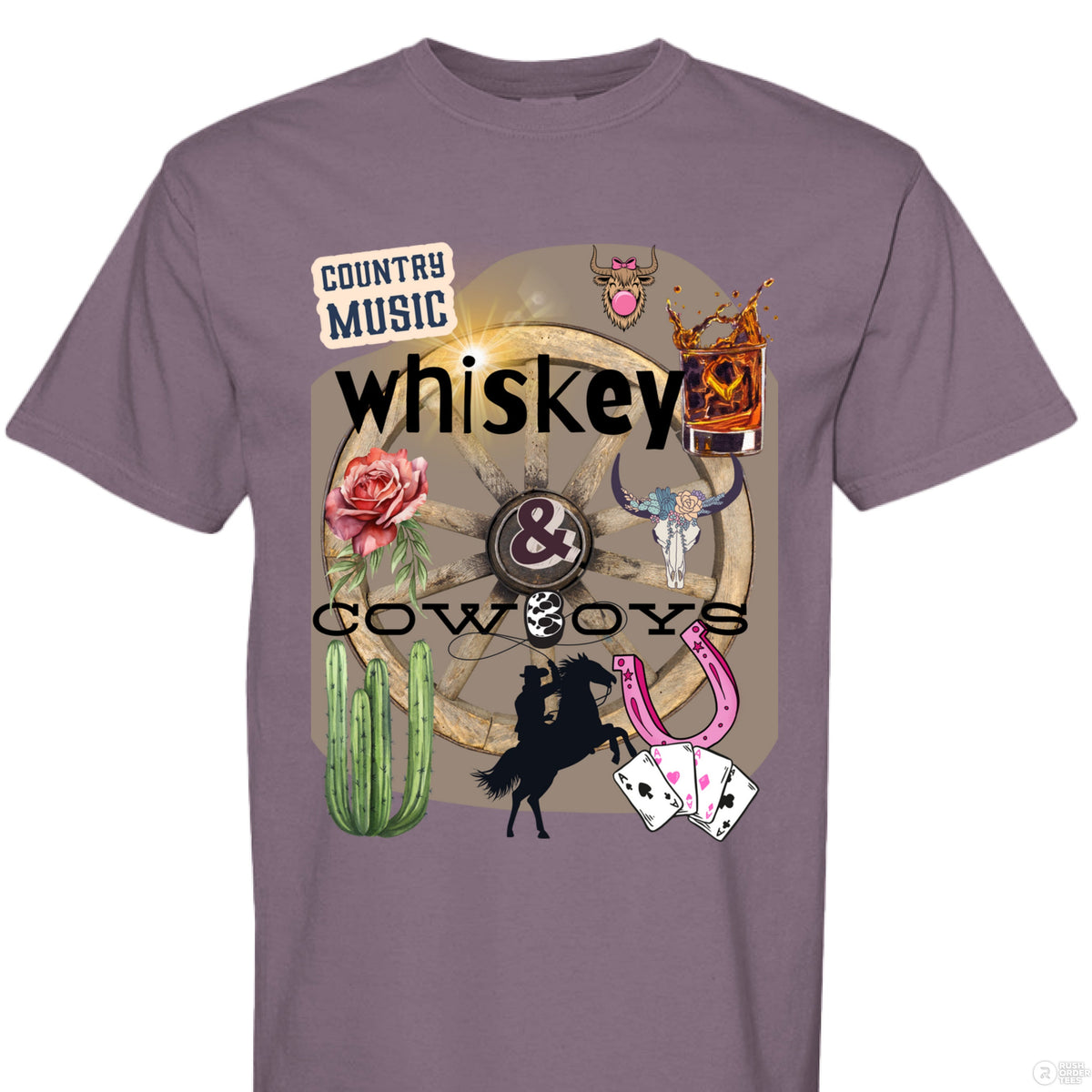 Country Music Whiskey and Cowboys Collage Design on Comfort Colors Unisex 1717 T Shirt - Aaria Tees