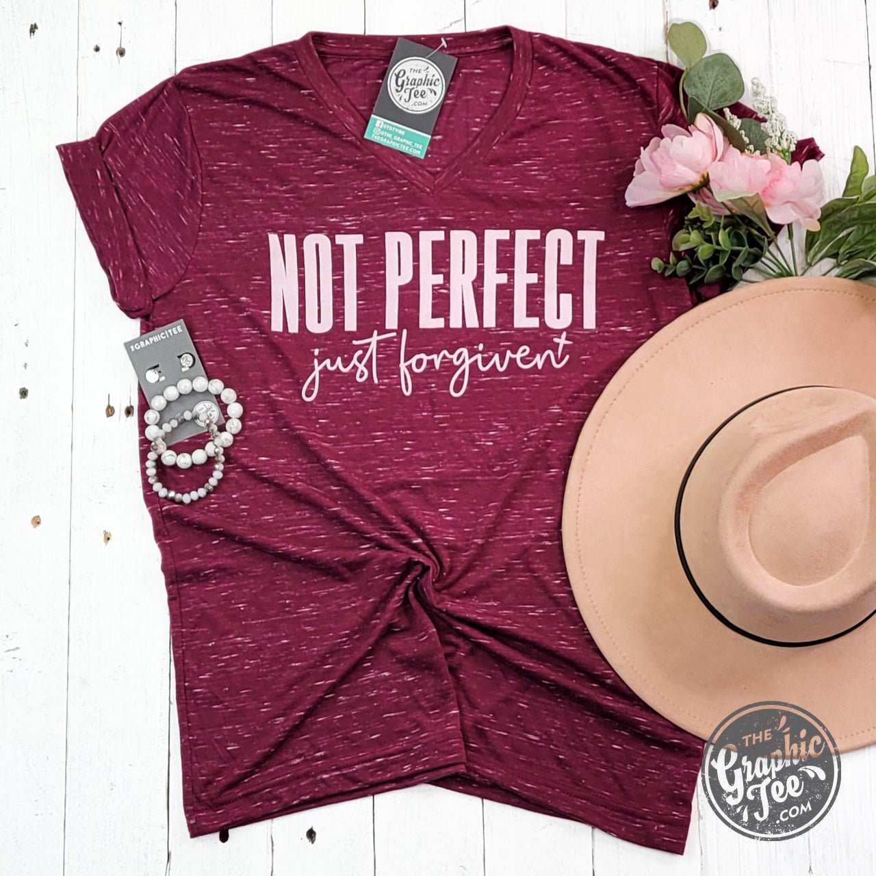 Not Perfect Just Forgiven Short Sleeve Marbled V Neck Tee - Aaria Tees Aaria Tees