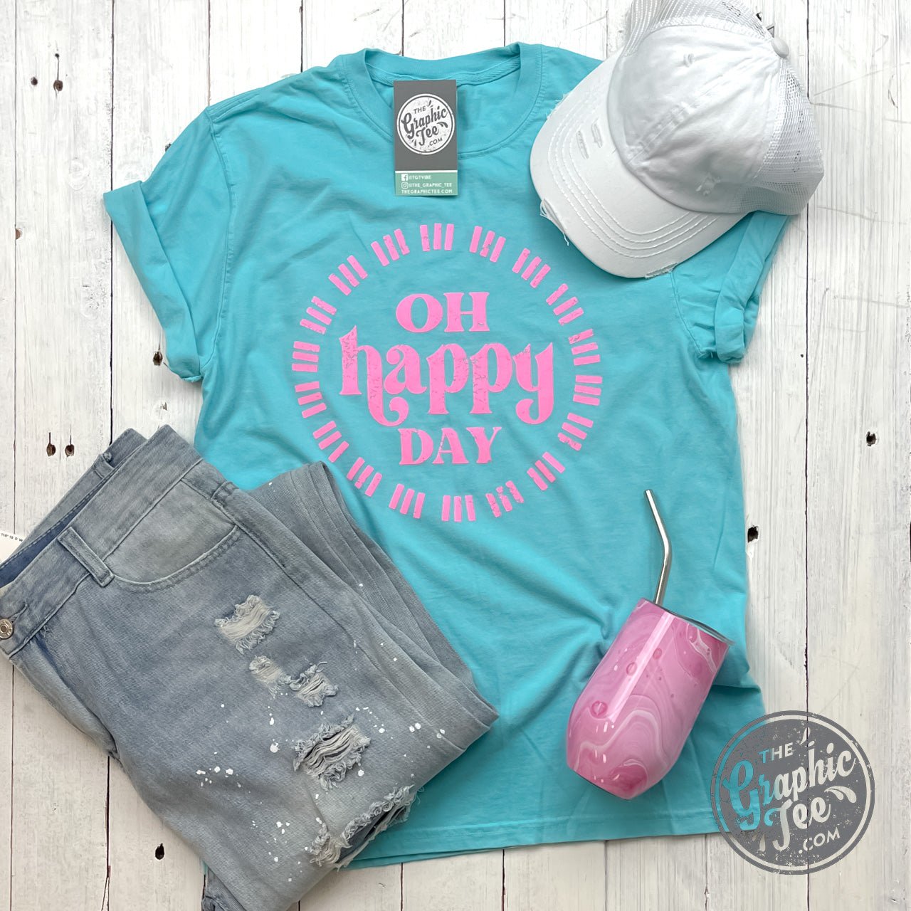 Oh Happy Day Garment Dyed Lagoon Blue Short Sleeve Crew Neck Tee - Aaria Tees Aaria Tees