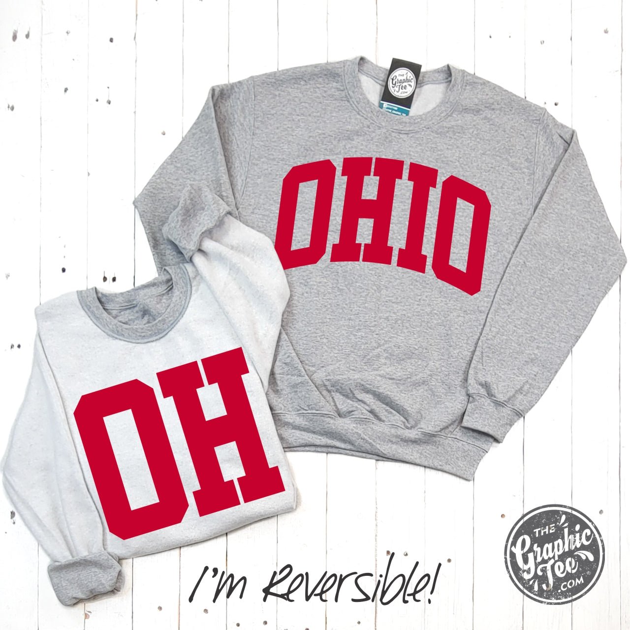 Ohio Scarlet Red Print Reversible Sport Grey Crewneck Sweatshirt - Aaria Tees Aaria Tees