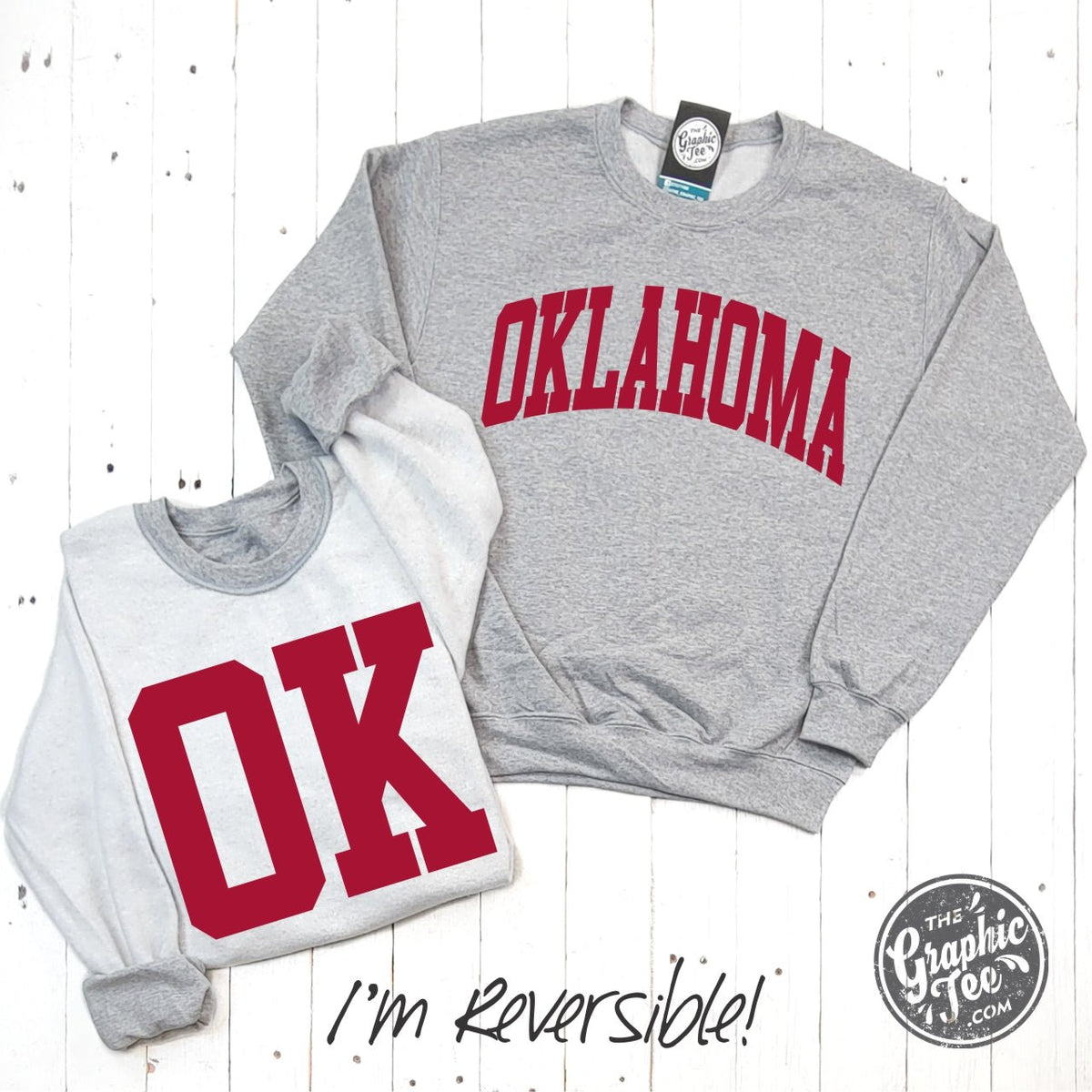 Oklahoma Crimson Print Reversible Sport Grey Crewneck Sweatshirt - Aaria Tees