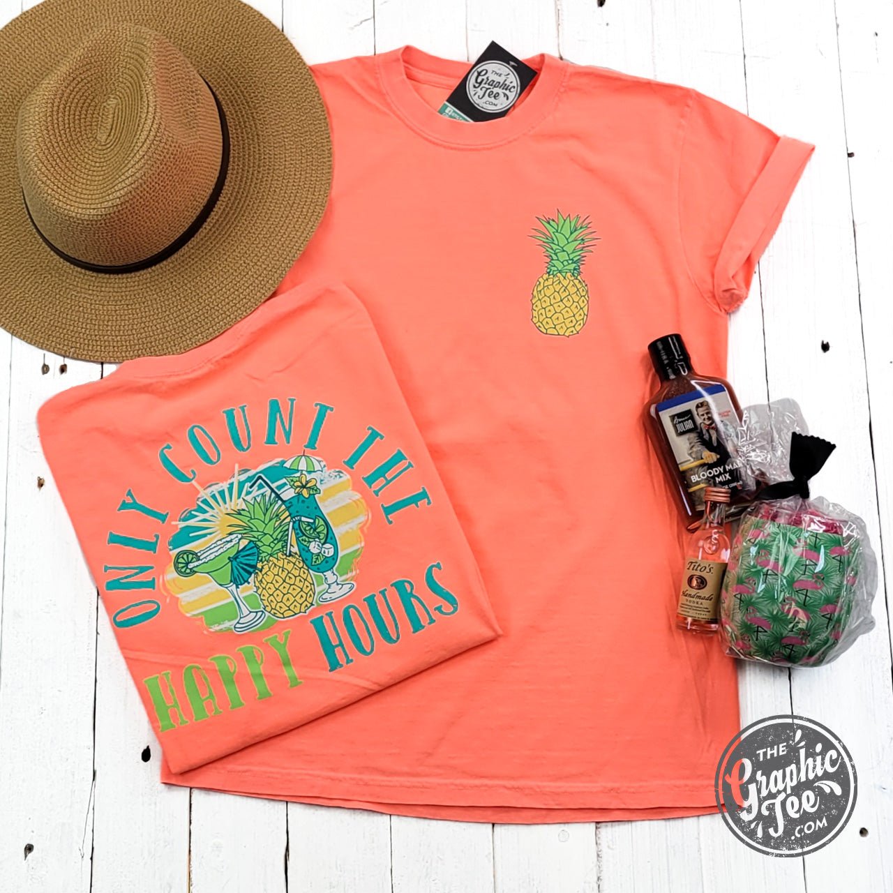 Only Count the Happy Hours Neon Comfort Colors Short Sleeve Crew Neck Tee - Aaria Tees Aaria Tees