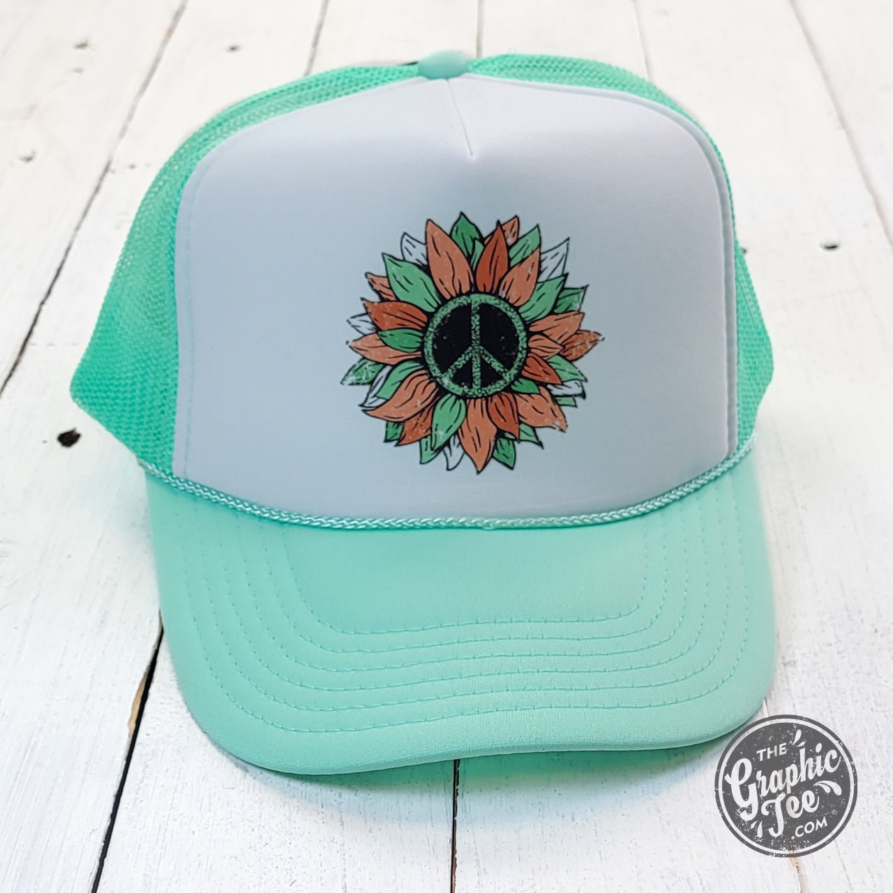 Peace Sunflower Seafoam and White Foam Trucker Cap - Aaria Tees Aaria Tees