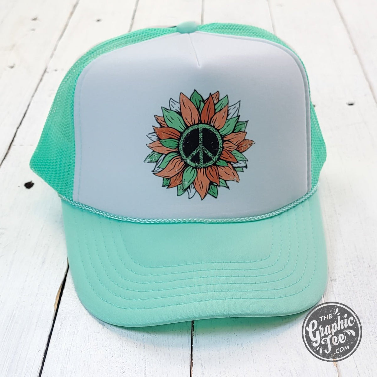 Peace Sunflower Seafoam and White Foam Trucker Cap - Aaria Tees