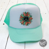 Peace Sunflower Seafoam and White Foam Trucker Cap - Aaria Tees Aaria Tees