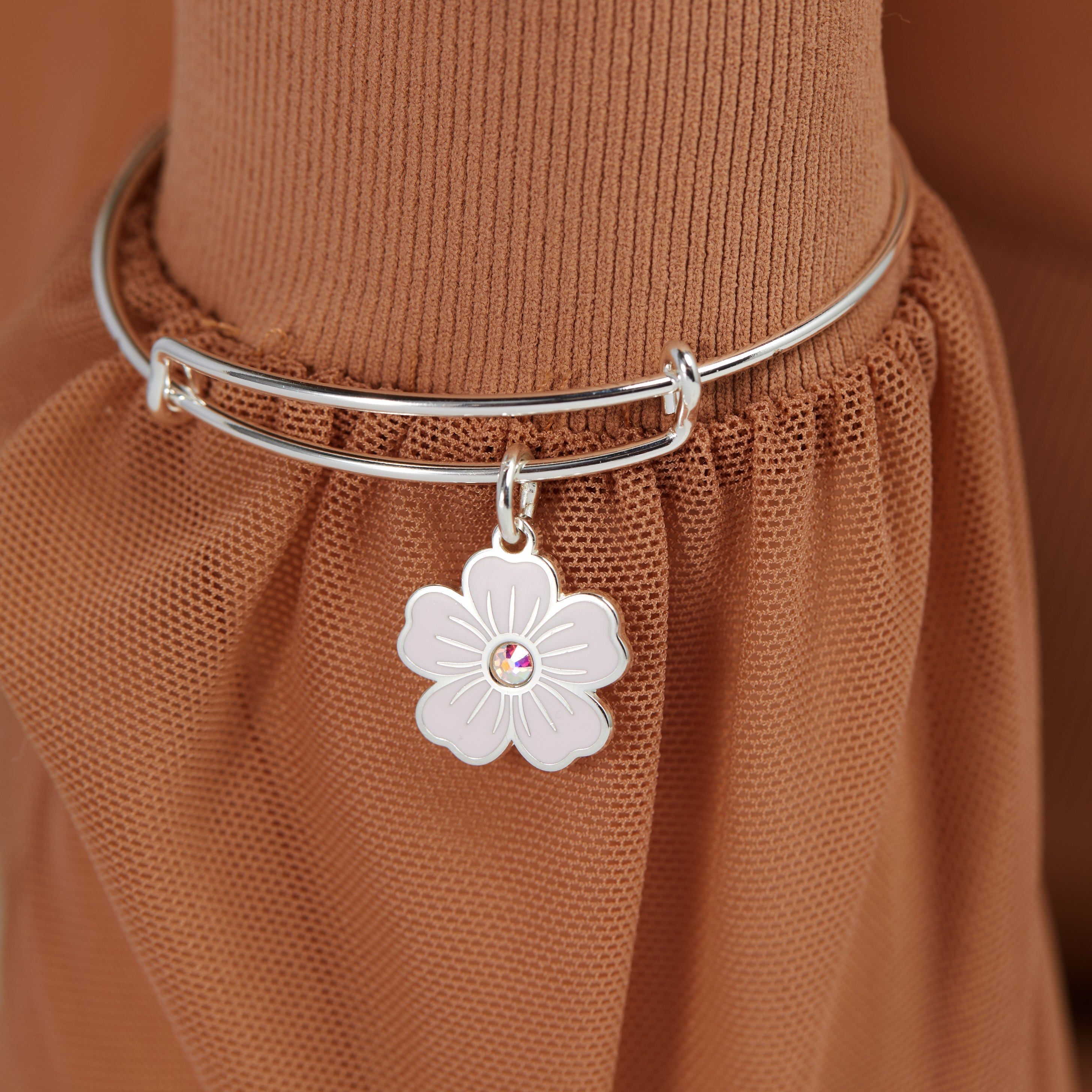 Pink Pansy and Crystal Charm Bangle Bracelet - Aaria Tees Aaria Tees