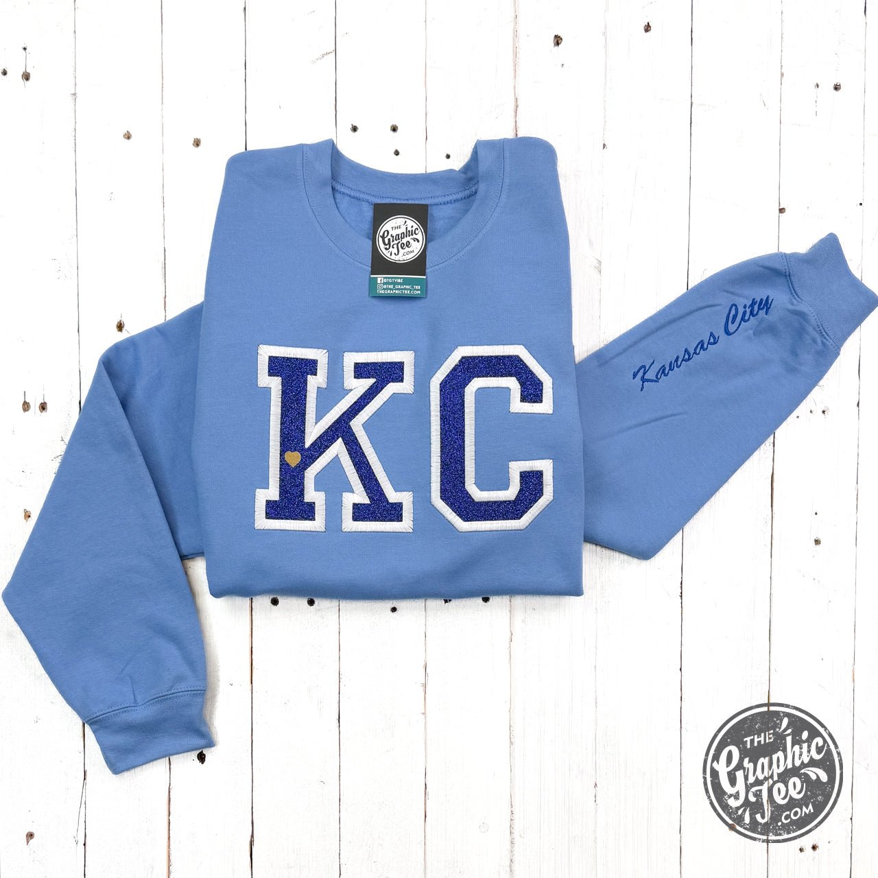 Powder Blue KC Glitter Applique Crewneck Sweatshirt - Aaria Tees Aaria Tees