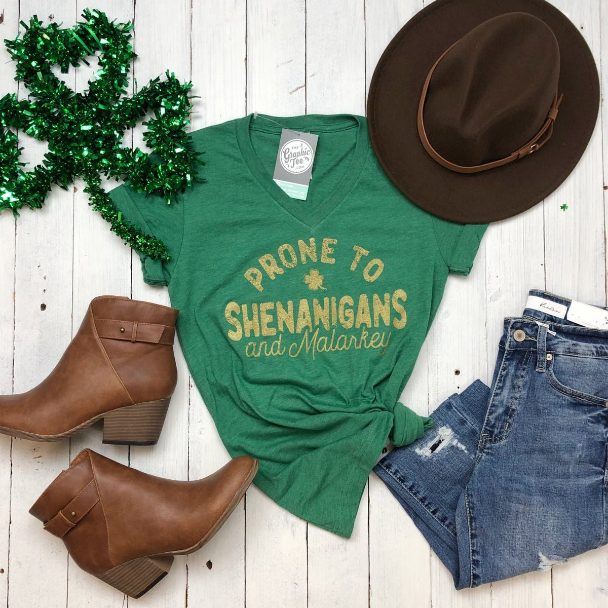 Prone To Shenanigans And Malarkey Heather Green V Neck Graphic Tee - Aaria Tees