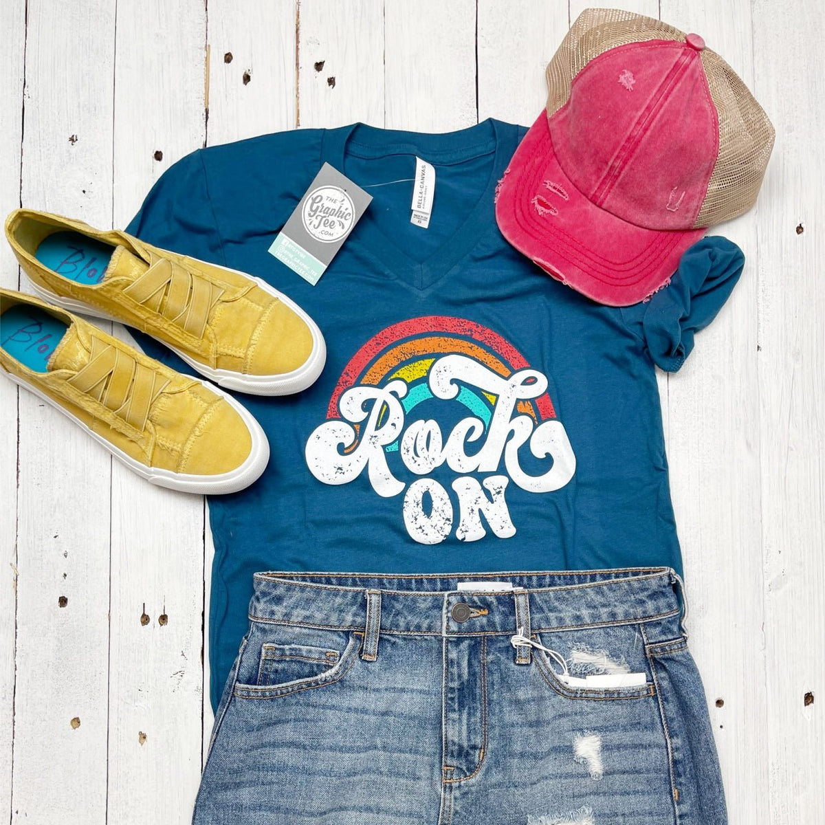 Rock On Deep Teal Short Sleeve V-Neck Tee - Aaria Tees