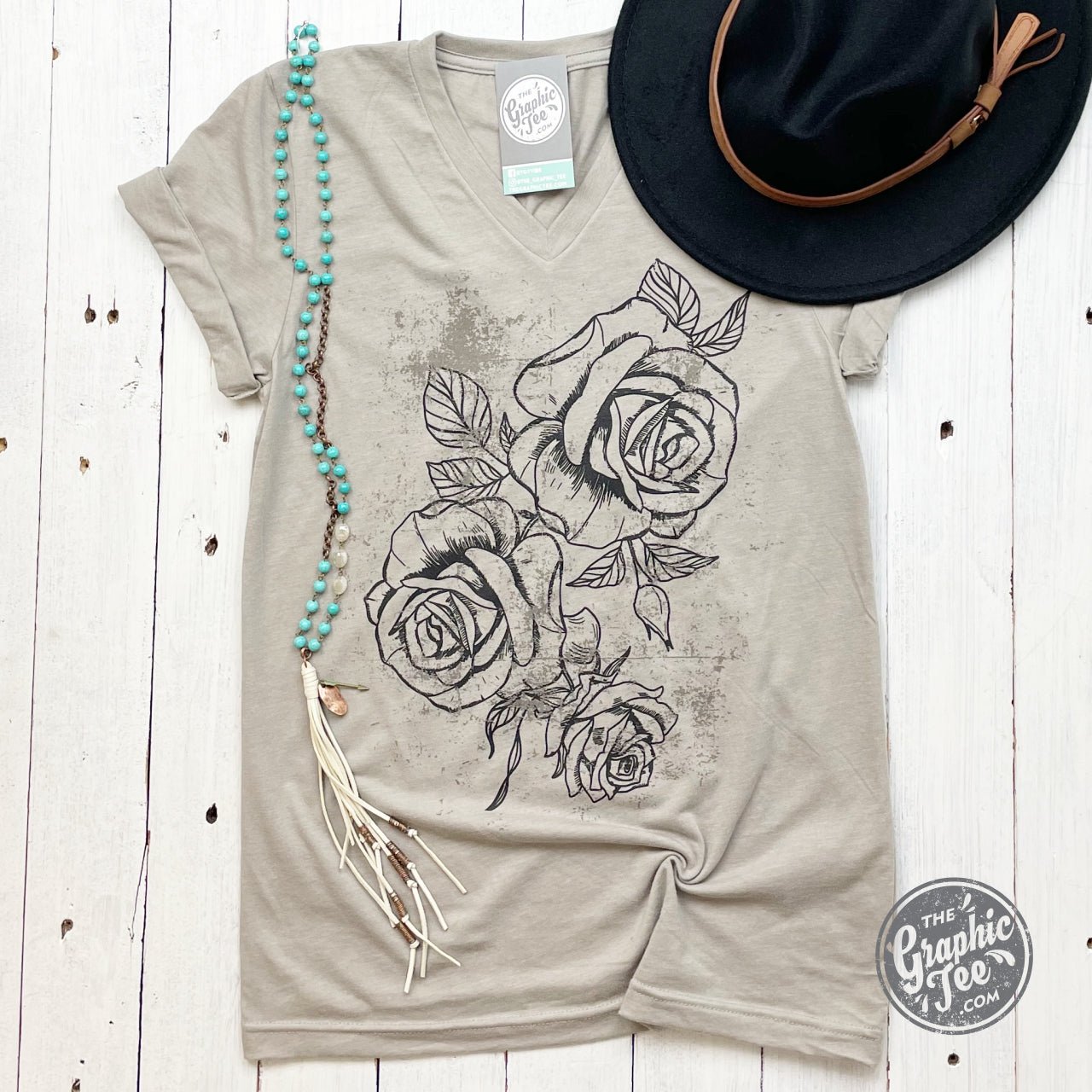 Roses Heather Stone V Neck Short Sleeve Tee - Aaria Tees Aaria Tees