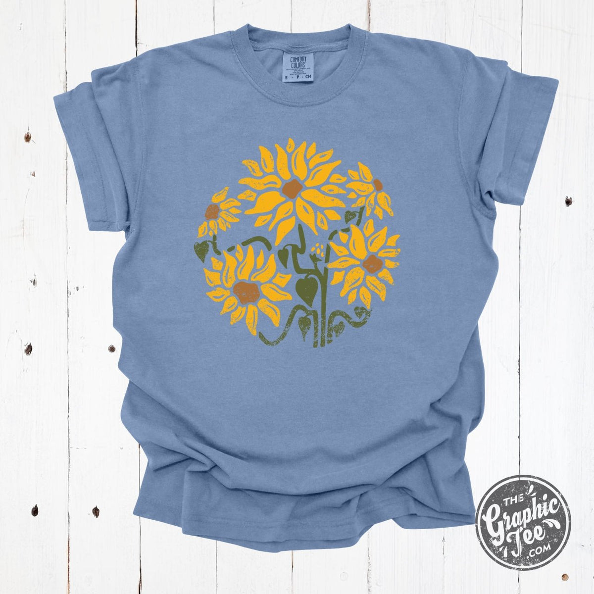 She Blooms in Sunshine Washed Denim Comfort Colors Short Sleeve Tee - Aaria Tees