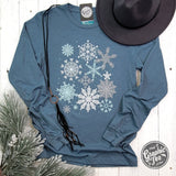 Snowflakes Heather Slate Long Sleeve Crew Neck Tee - Aaria Tees Aaria Tees
