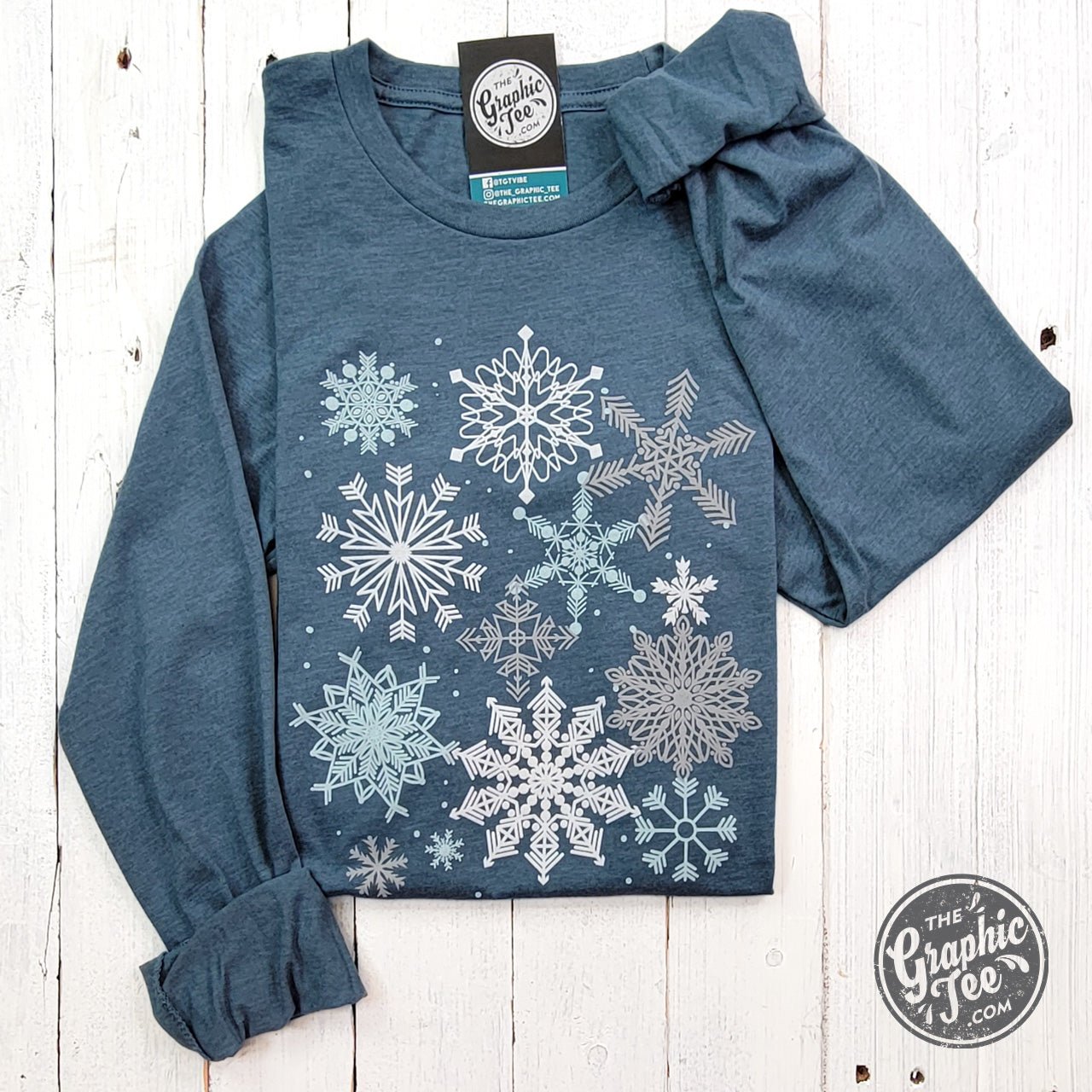 Snowflakes Heather Slate Long Sleeve Crew Neck Tee - Aaria Tees Aaria Tees