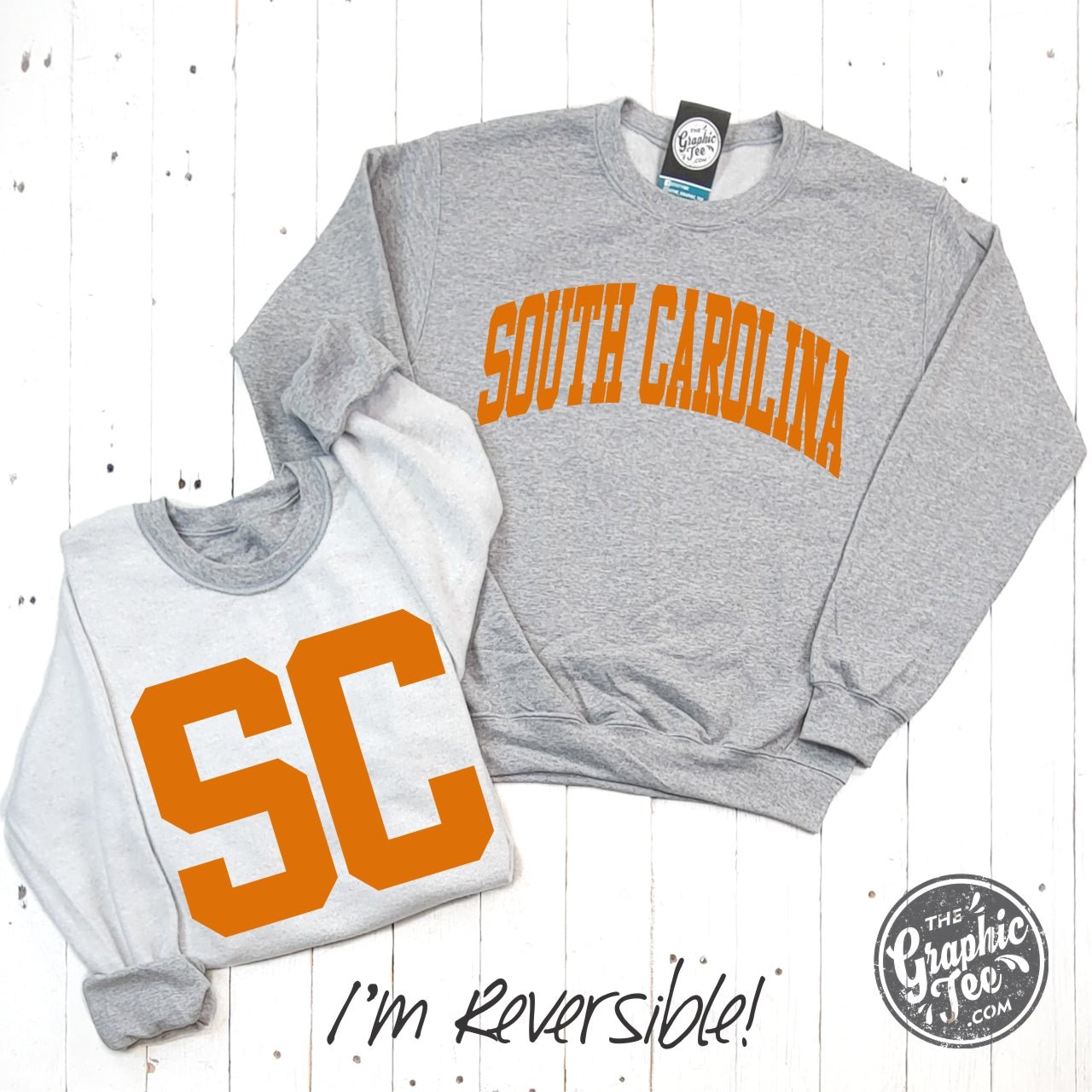 South Carolina Orange Print Reversible Sport Grey Crewneck Sweatshirt - Aaria Tees Aaria Tees