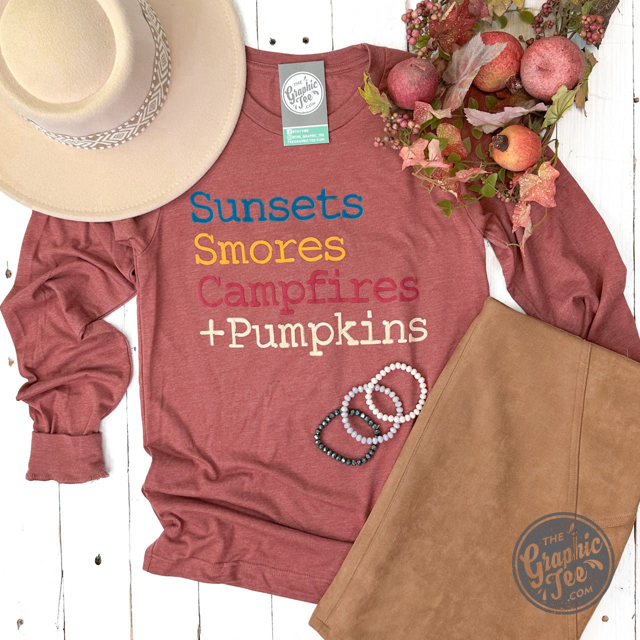 Sunsets, Smores, Campfires + Pumpkins Long Sleeve Tee - Aaria Tees Aaria Tees