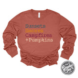 Sunsets, Smores, Campfires + Pumpkins Long Sleeve Tee - Aaria Tees Aaria Tees