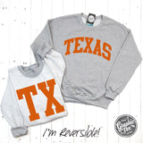 Texas Burnt Orange Print Reversible Sport Grey Crewneck Sweatshirt - Aaria Tees Aaria Tees