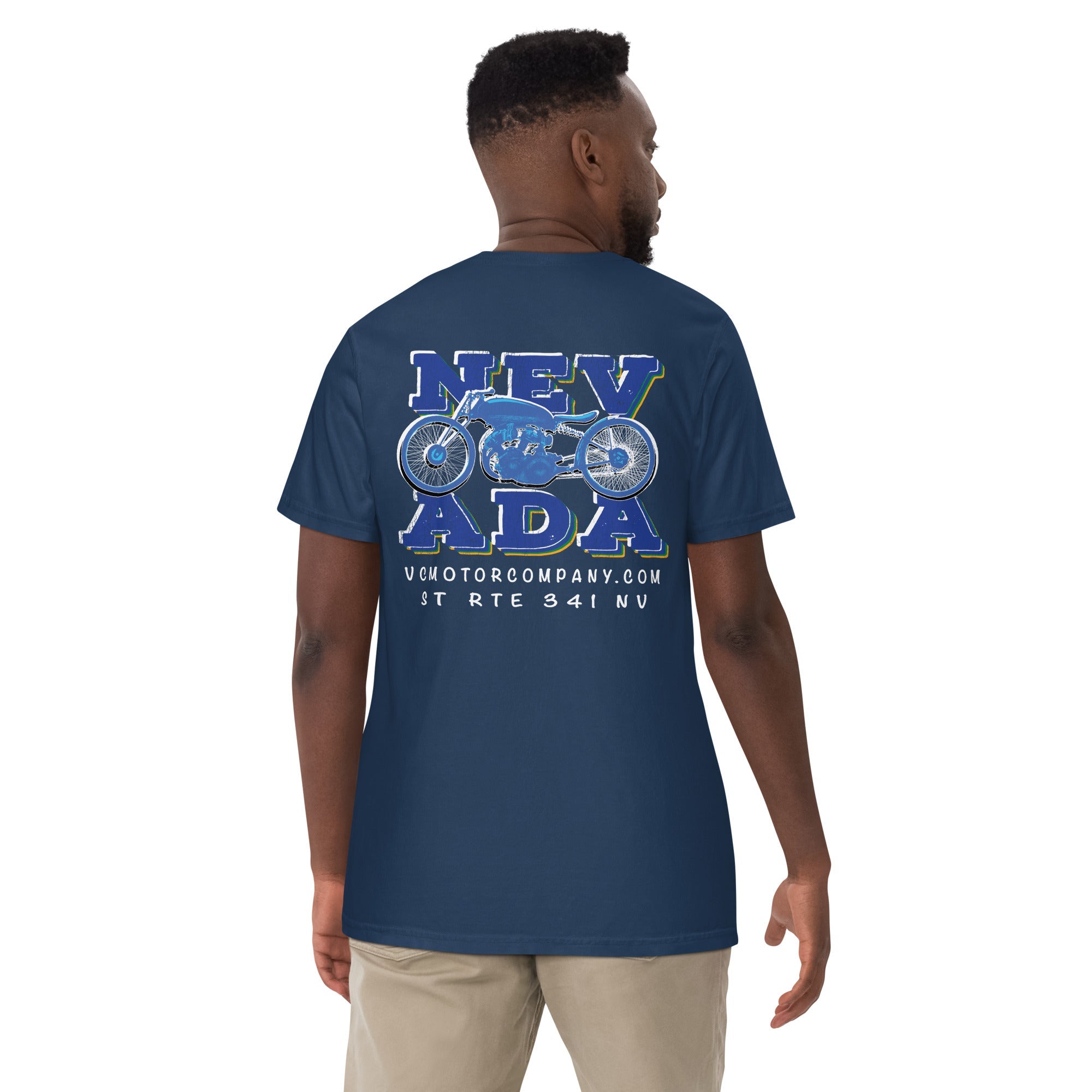 Nevada Blue & Grey Motorcycle Men's Heavyweight T-Shirt | Virginia City Motorcycle Co. - Aaria Tees Aaria Tees