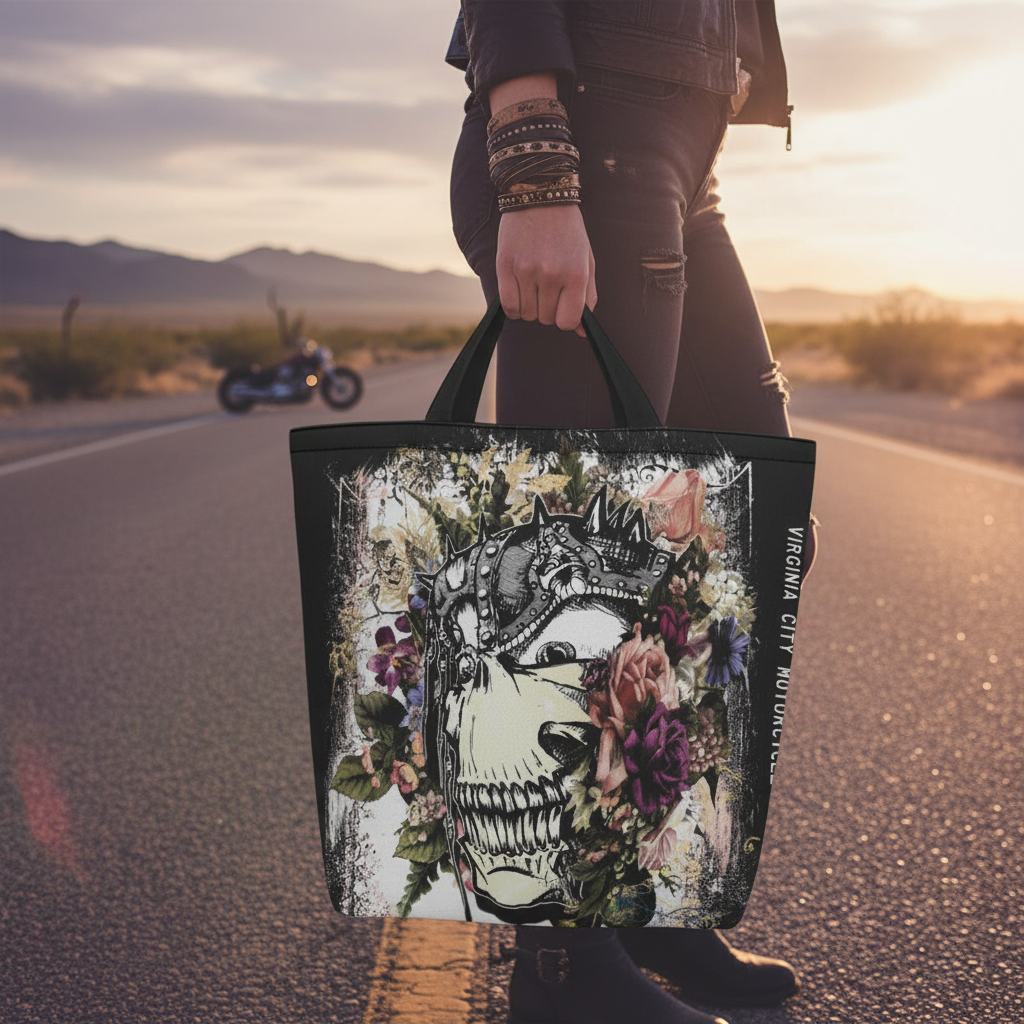 VCMCo. Metal Head and Flowers Canvas Tote Bag - Aaria Tees Aaria Tees