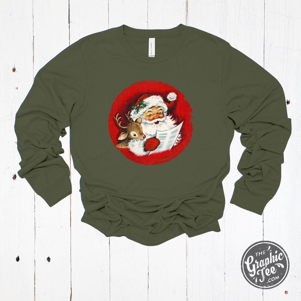 Vintage Santa and Reindeer Long Sleeve Crew Neck Tee - Aaria Tees Aaria Tees
