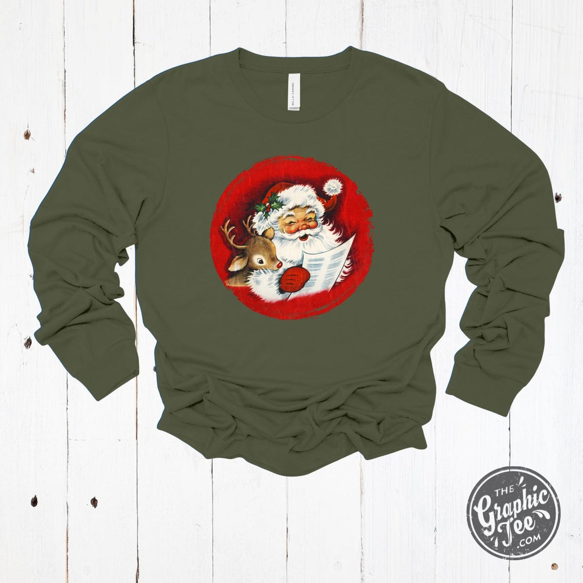Vintage Santa and Reindeer Long Sleeve Crew Neck Tee - Aaria Tees
