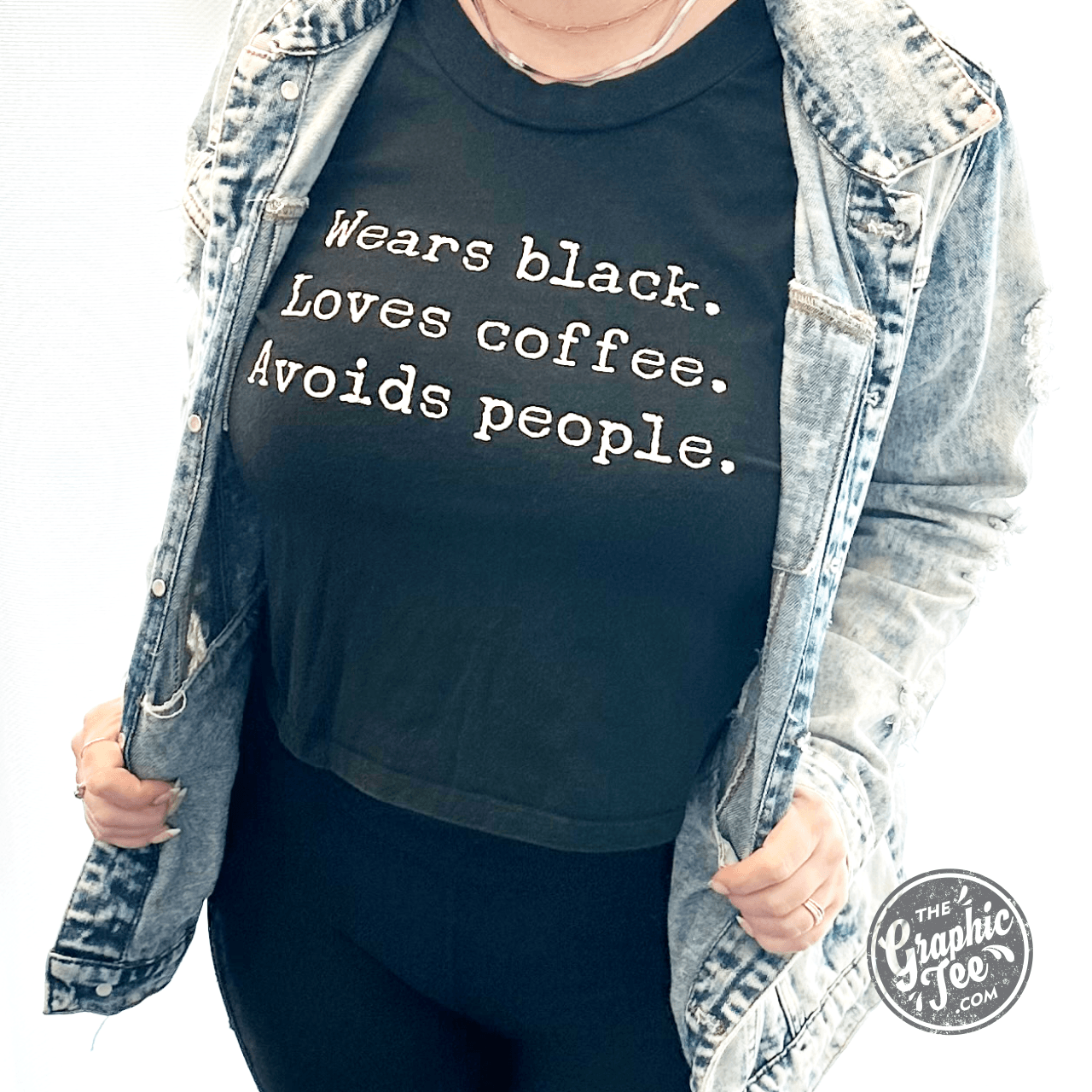 Wears black. Loves coffee. Avoids People. Black Short Sleeve Crop Top Tee - Aaria Tees Aaria Tees