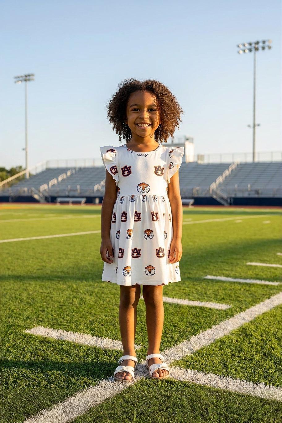 Auburn White Aubie Flutter Twirl Dress - Aaria Tees Aaria Tees