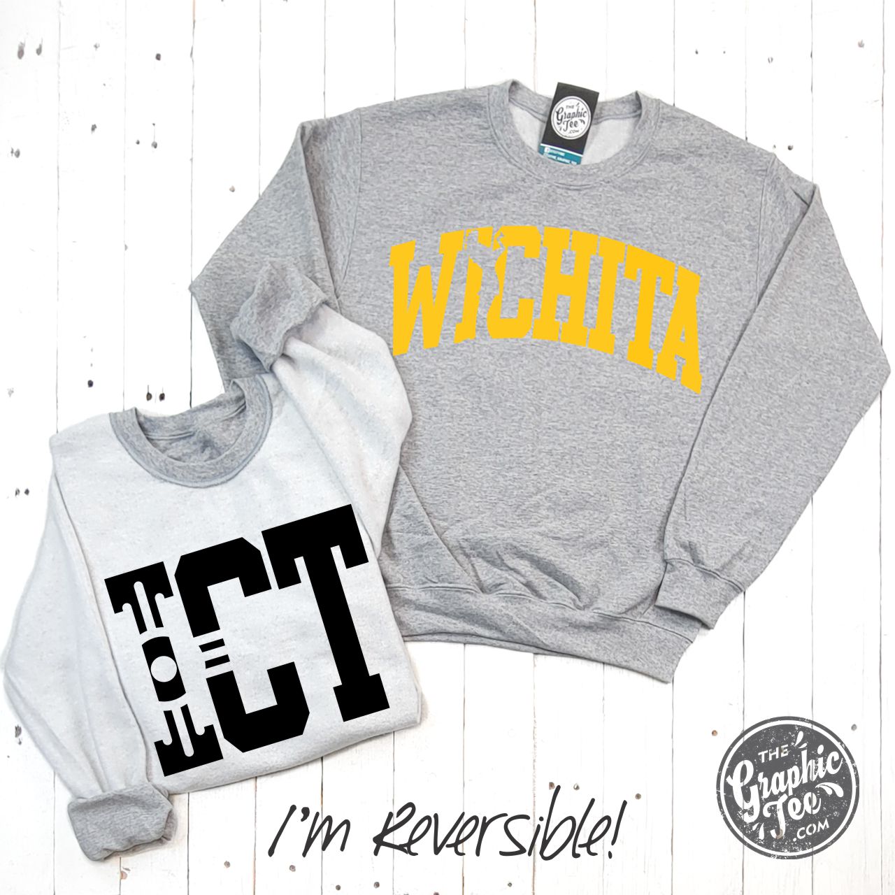 Wichita-ICT Black and Gold Print Reversible Sport Grey Crewneck Sweatshirt - Aaria Tees Aaria Tees