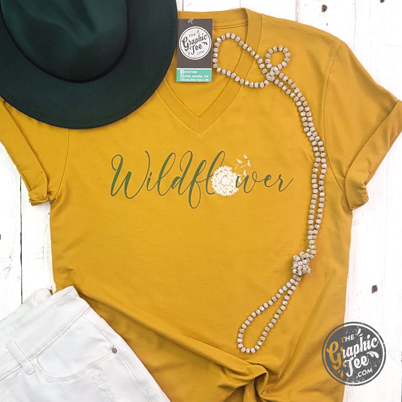 Wildflower Dandelion Mustard V Neck Short Sleeve Tee - Aaria Tees Aaria Tees