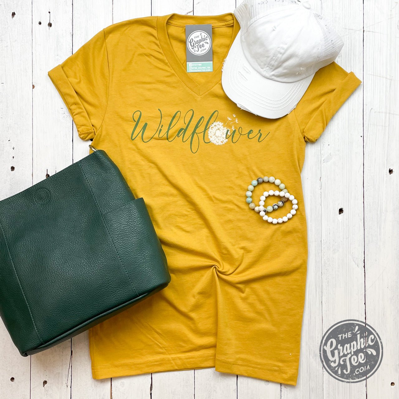 Wildflower Dandelion Mustard V Neck Short Sleeve Tee - Aaria Tees Aaria Tees