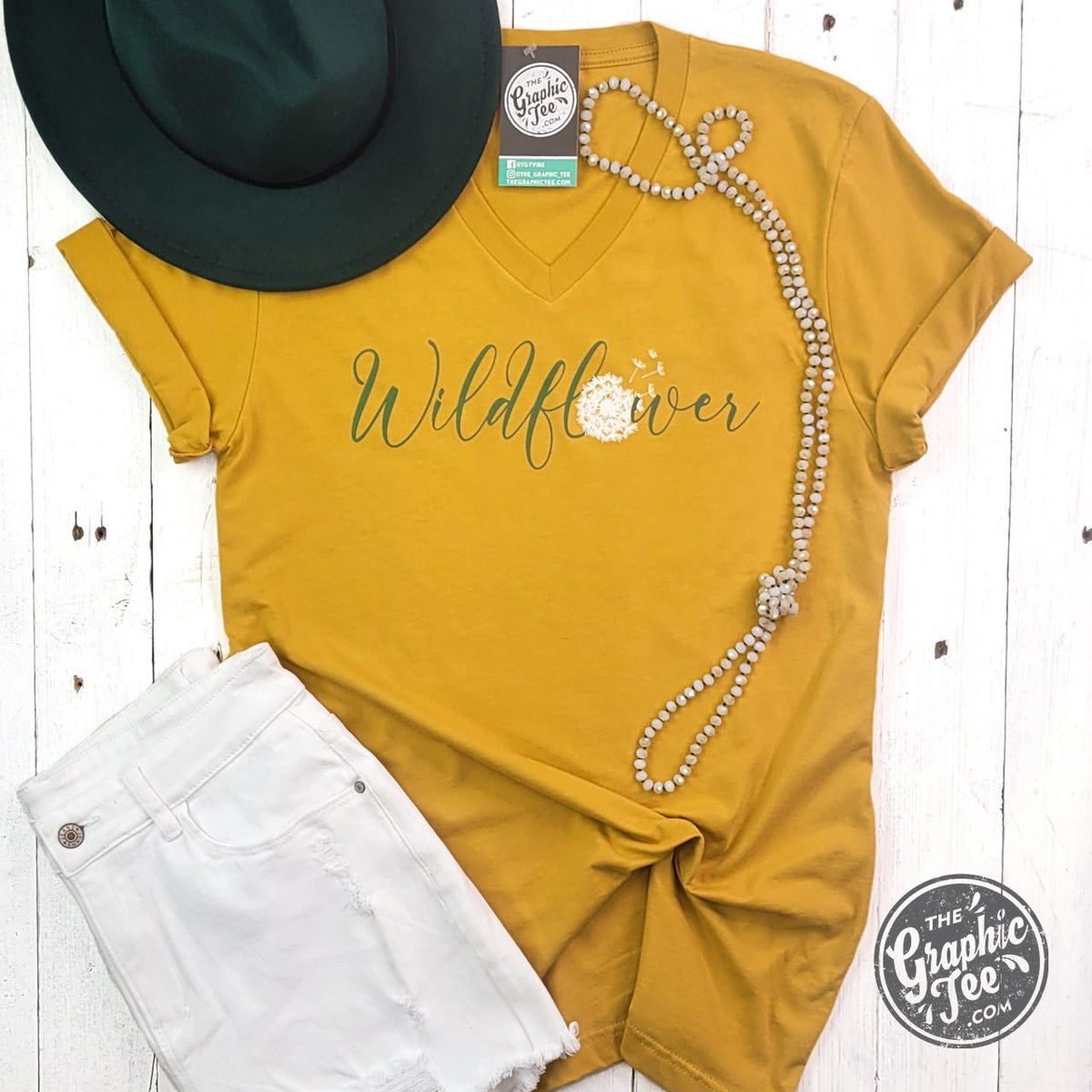 Wildflower Dandelion Mustard V Neck Short Sleeve Tee - Aaria Tees